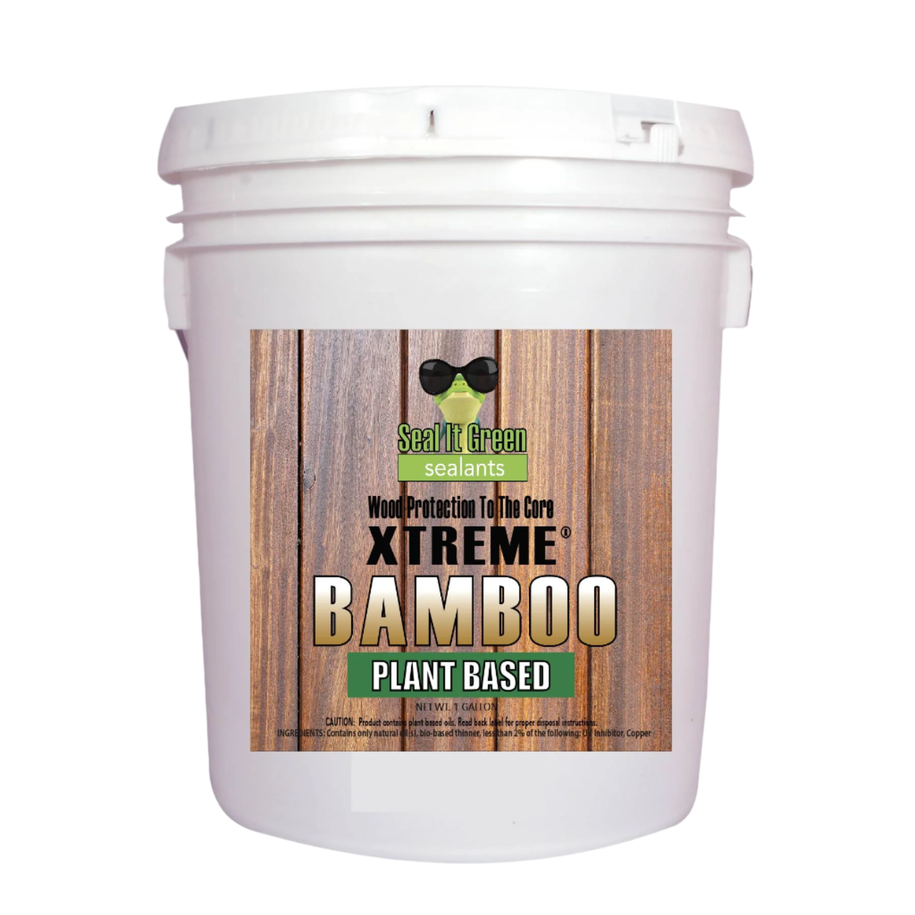 White bucket labeled "Seal It Green XTREME Bamboo Plant Based Sealant" with wooden texture background, promoting eco-friendly wood protection.