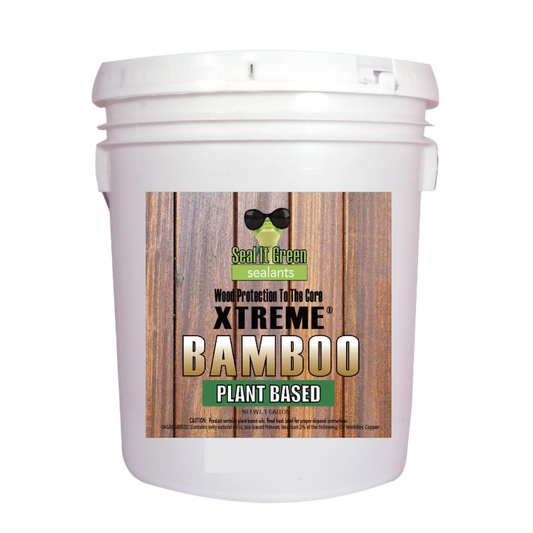 White bucket labeled "Seal It Green XTREME Bamboo Plant Based Sealant" with wooden texture background, promoting eco-friendly wood protection.
