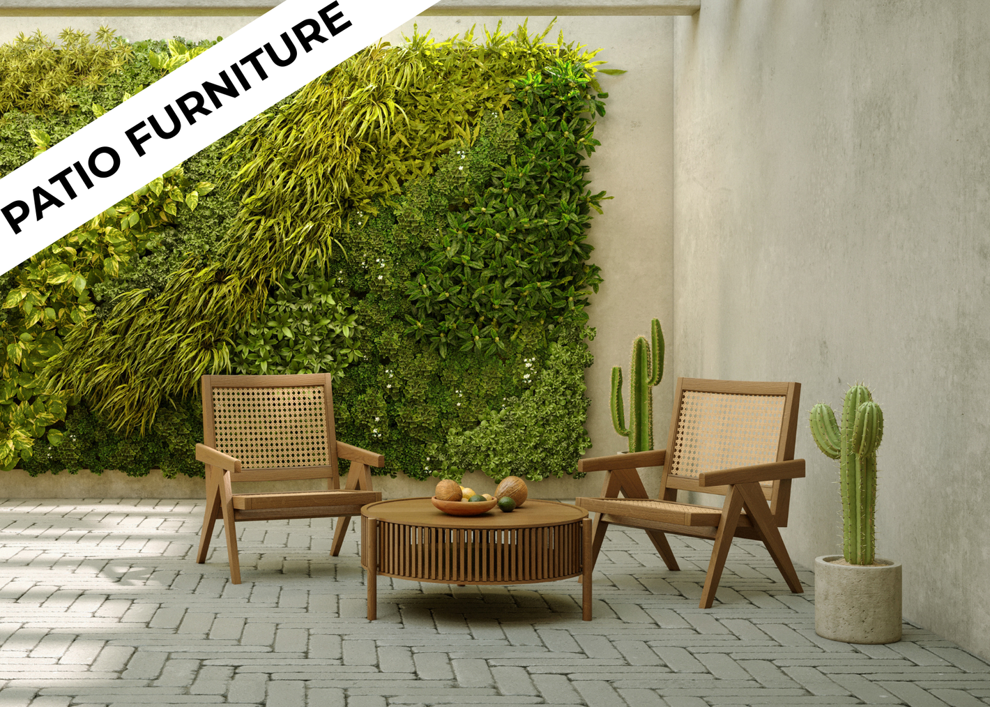 Stylish patio featuring two wooden chairs, a round table with fruit, and a lush green wall background with cacti accents.