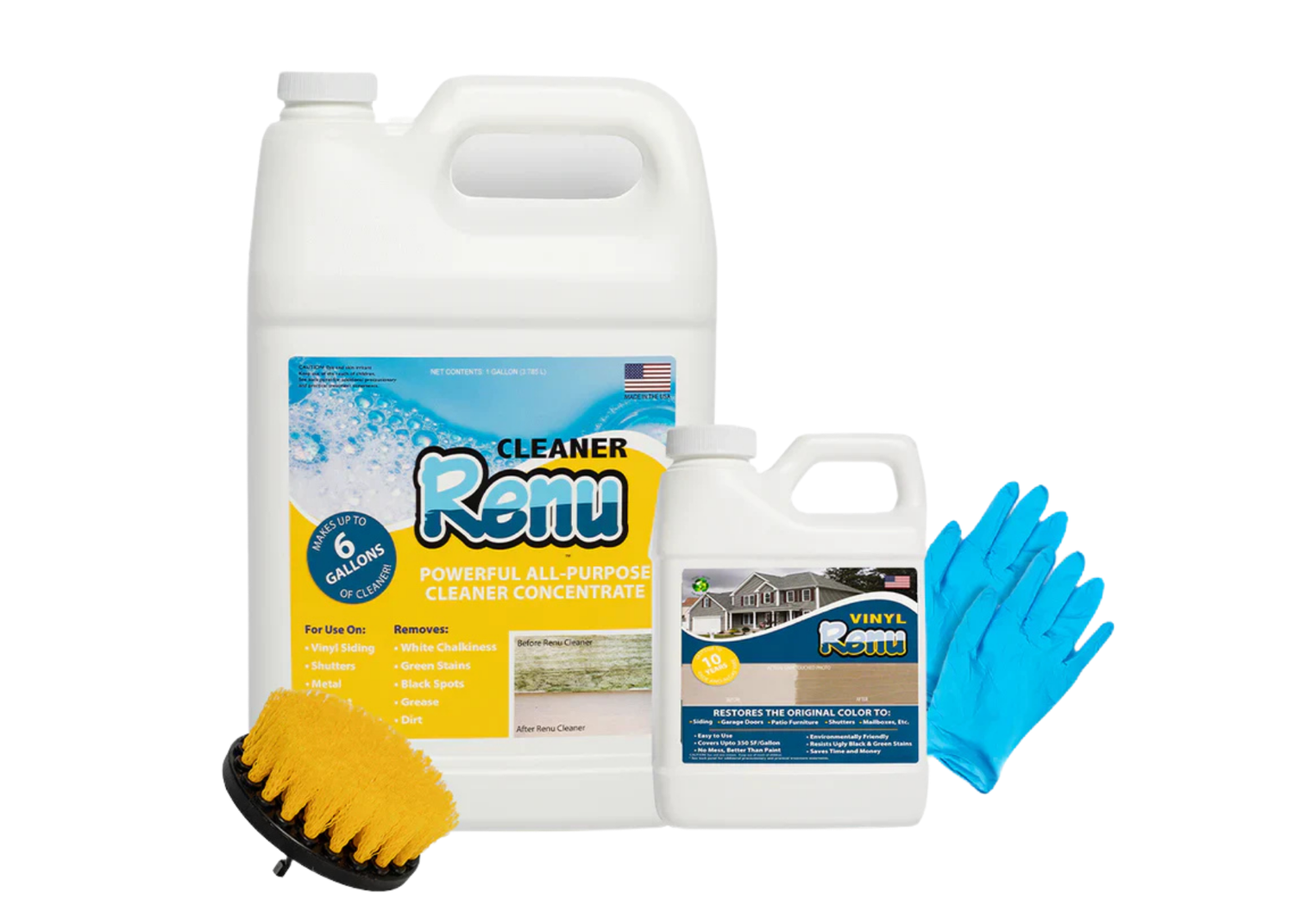A collection of Renu cleaning products, including a gallon-sized all-purpose cleaner, a vinyl cleaner, a scrub brush, and blue gloves.