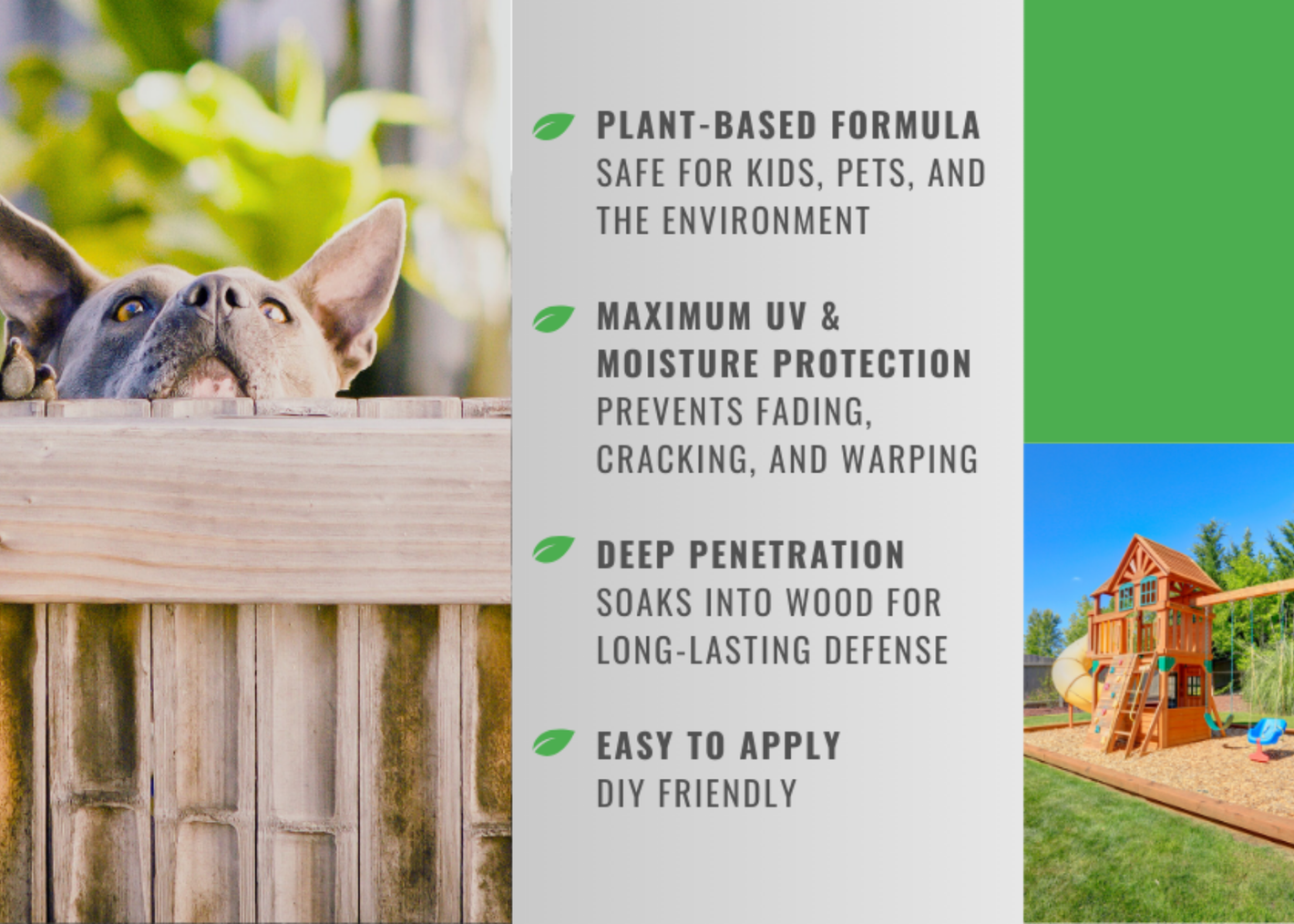 A curious dog peeks over a wooden fence, with text highlighting eco-friendly wood protection features beside a playground.