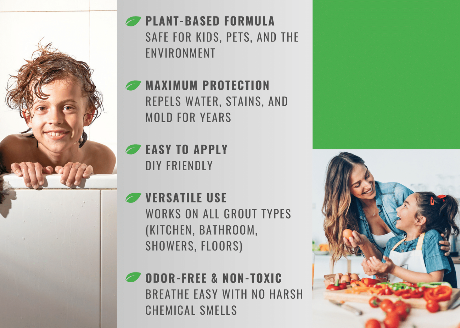 Promotional graphic highlighting a plant-based formula that offers maximum protection, easy application, and versatile uses for home cleaning.