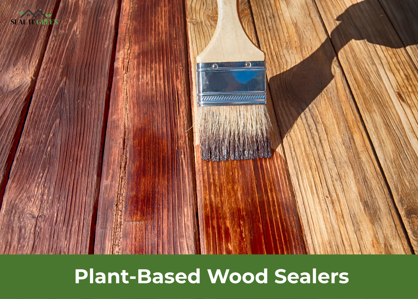 A brush applying plant-based wood sealer on wooden planks, showcasing a rich, vibrant finish on the surface.