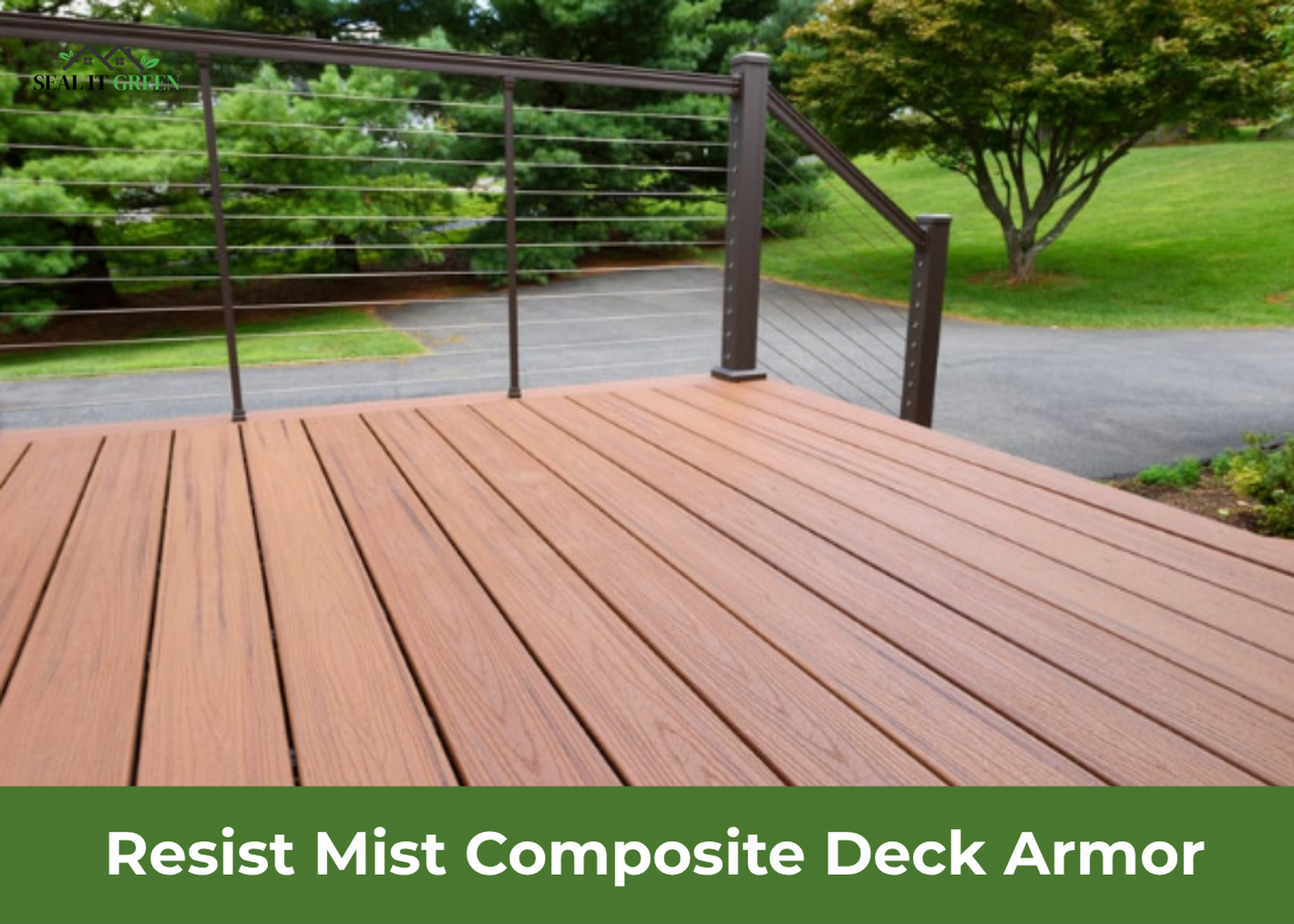 Close-up of a composite deck with brown planks and a modern railing, showcasing the durable and stylish Resist Mist Deck Armor.