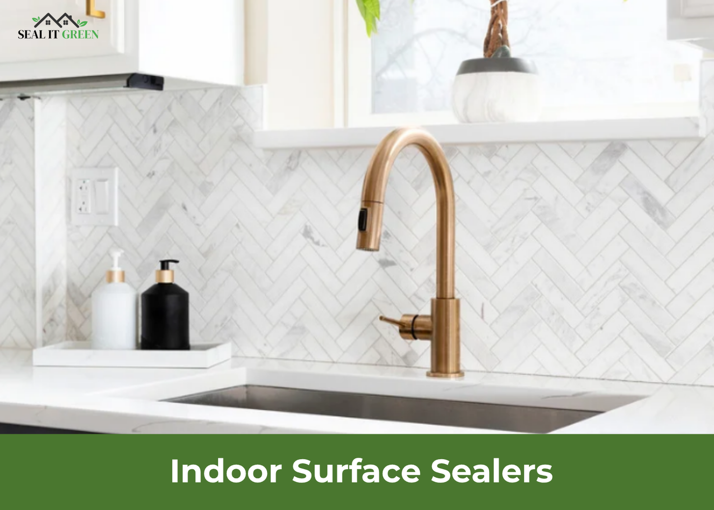 A stylish kitchen featuring a modern bronze faucet above a sleek sink, set against a herringbone-patterned backsplash and minimal decor.