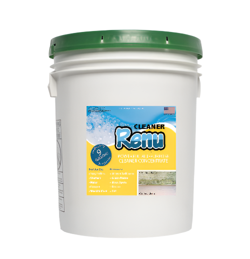 White bucket of Renu cleaner concentrate with a green lid, labeled as a powerful multi-purpose cleaning solution.