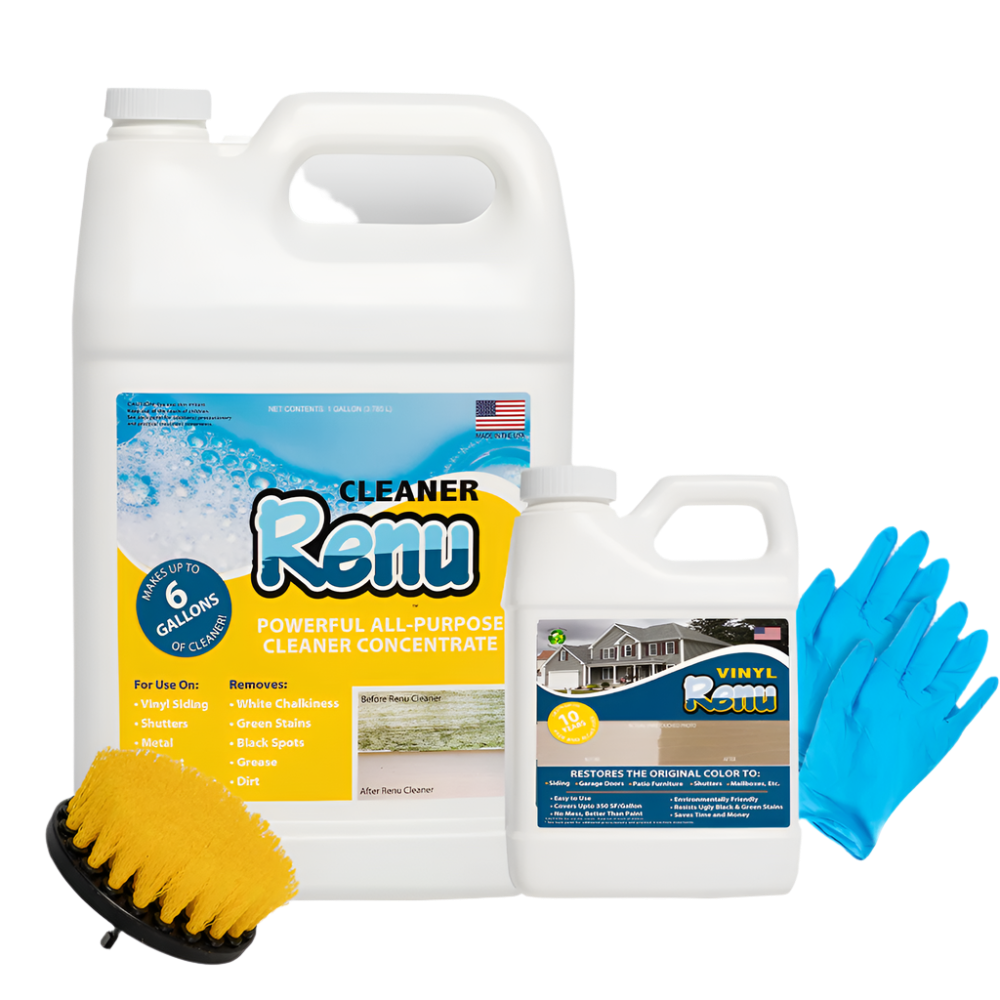 Two bottles of Renu cleaning products, a brush, and blue gloves, promoting a powerful all-purpose cleaner for various surfaces.