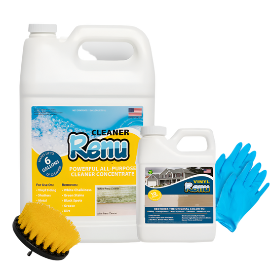 Two bottles of Renu cleaning products, a brush, and blue gloves, promoting a powerful all-purpose cleaner for various surfaces.