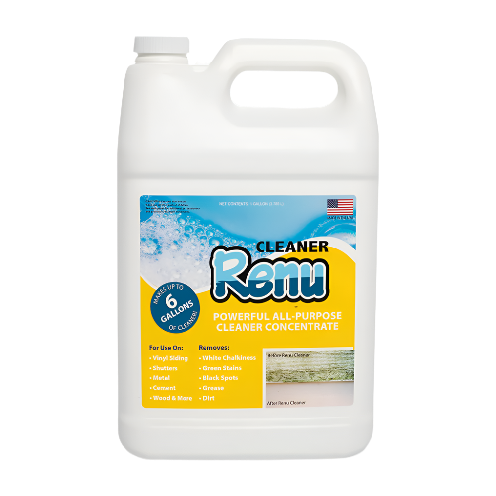 A gallon jug of Renu all-purpose cleaner concentrate, highlighting its ability to remove stains and clean various surfaces.