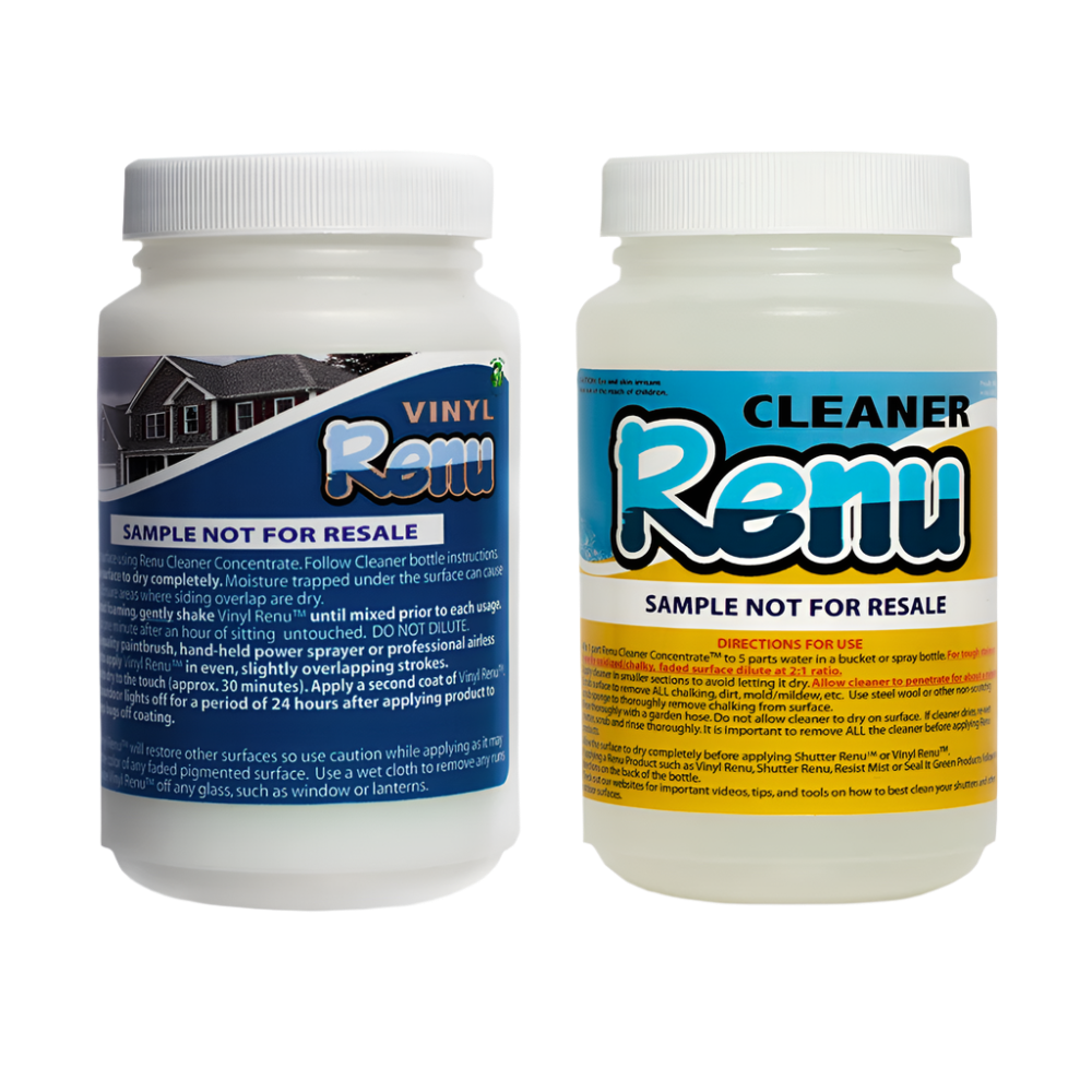Two plastic containers of Renu cleaner: one for vinyl and one for general cleaning, both labeled "Sample Not For Resale."