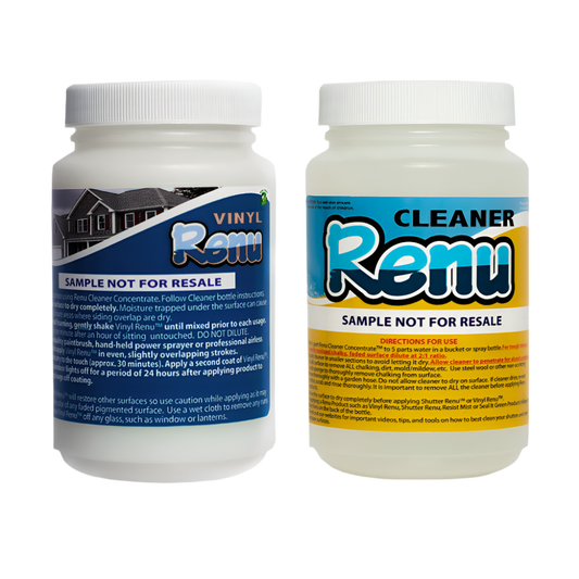 Two plastic containers of Renu cleaner: one for vinyl and one for general cleaning, both labeled "Sample Not For Resale."