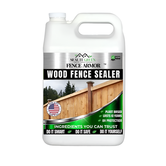 White plastic container labeled "SEAL IT GREEN WOOD FENCE SEALER," featuring plant-based formulation and UV protection, against a wooden fence backdrop.