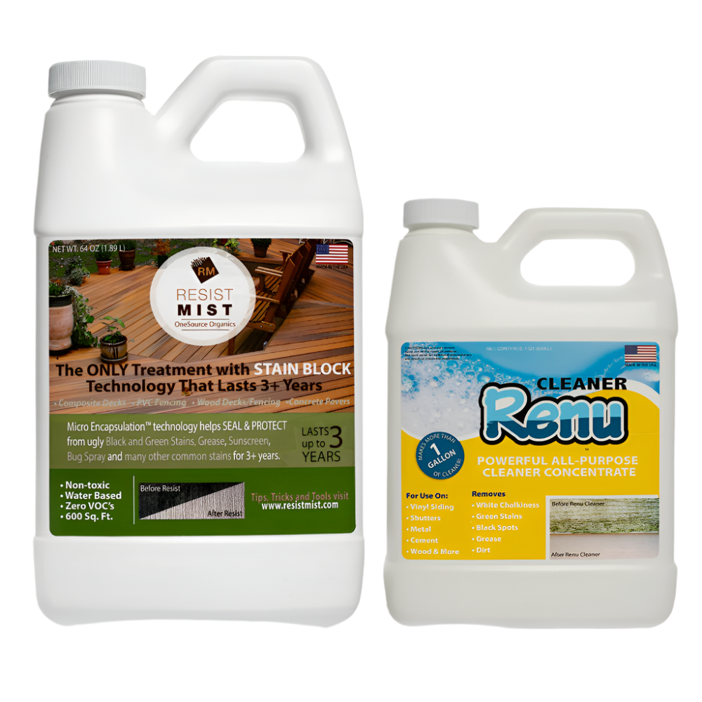 Two cleaning products: Resist Mist for stain protection and Renu, an all-purpose cleaner, both in large bottles with descriptive labels.