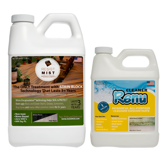 Two cleaning products: Resist Mist for stain protection and Renu, an all-purpose cleaner, both in large bottles with descriptive labels.