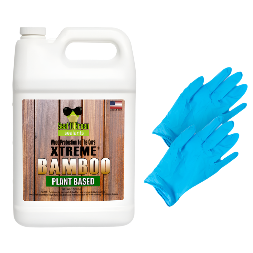 A gallon jug of XTREME Bamboo wood sealant with a wooden design, accompanied by a pair of blue disposable gloves.