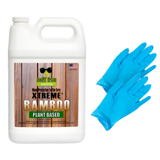 A gallon jug of XTREME Bamboo wood sealant with a wooden design, accompanied by a pair of blue disposable gloves.