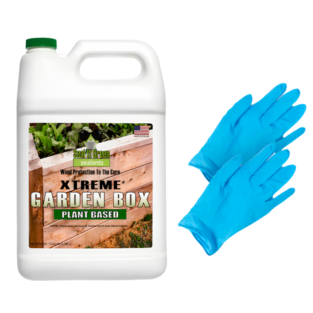 A gallon jug of XTREME Garden Box plant-based wood sealant with a label showcasing its eco-friendly benefits, alongside blue rubber gloves.