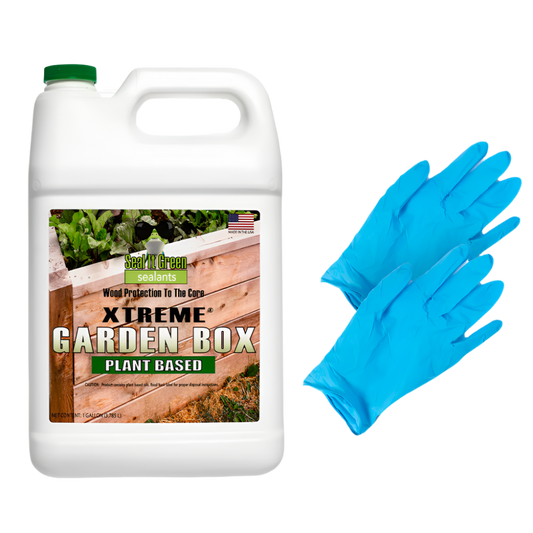 A gallon jug of XTREME Garden Box plant-based wood sealant with a label showcasing its eco-friendly benefits, alongside blue rubber gloves.
