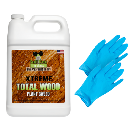 A gallon container of "Xtreme Total Wood" plant-based sealant next to a pair of blue gloves, promoting wood protection.