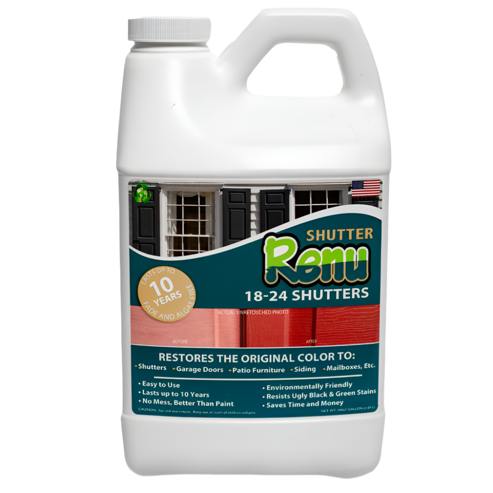 A container of Shutter Renu, promoting color restoration for shutters, doors, and outdoor furniture, claiming a lifespan of up to 10 years.