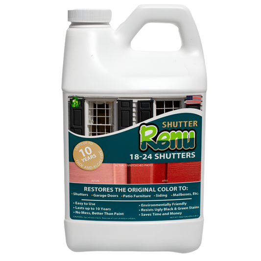 A container of Shutter Renu, promoting color restoration for shutters, doors, and outdoor furniture, claiming a lifespan of up to 10 years.