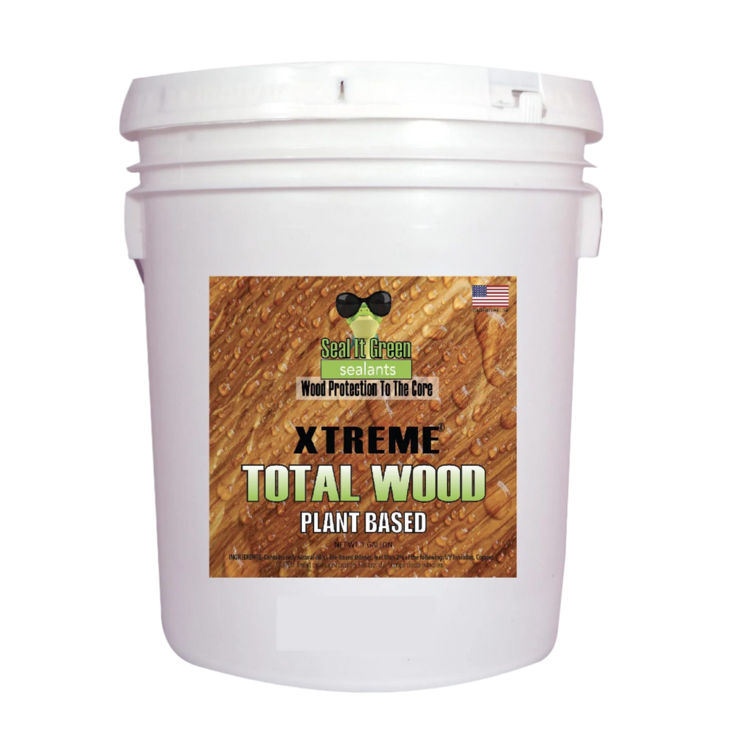 A product image of Seal It Green TW640, a wood treatment solution, in a green and white bottle with a label displaying product details and branding.