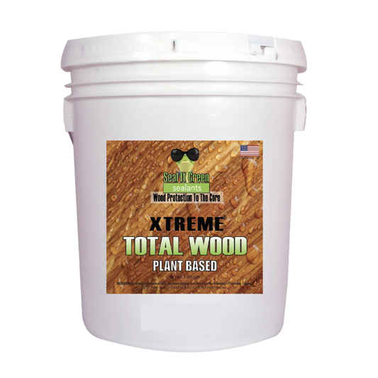 A product image of Seal It Green TW640, a wood treatment solution, in a green and white bottle with a label displaying product details and branding.