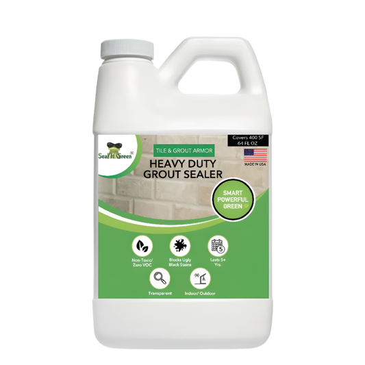A gallon container of Seal It Green Heavy Duty Grout Sealer, highlighting its eco-friendly features and coverage details.