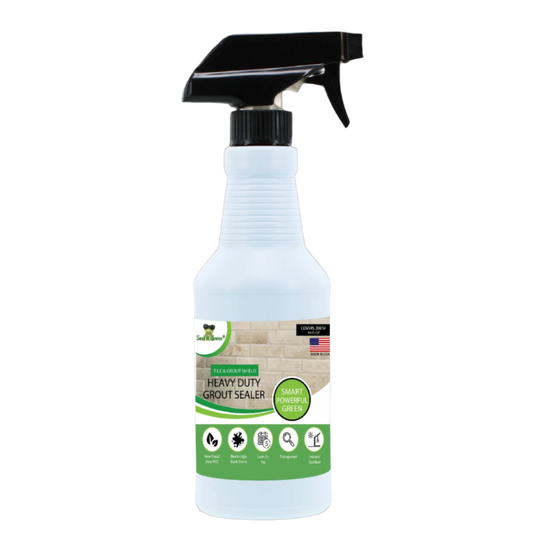 Spray bottle of Heavy Duty Grout Sealer with a black nozzle, featuring eco-friendly labeling and coverage details.