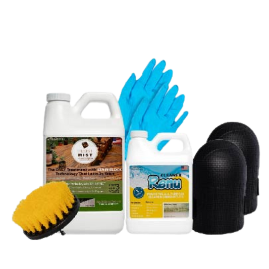 A cleaning kit featuring two bottles of treatment solutions, a brush, blue gloves, and two black protective caps.
