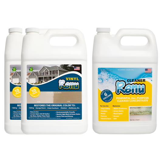 Three bottles of Renu cleaning products: two vinyl restoration containers and one all-purpose cleaner, highlighting their uses and benefits.