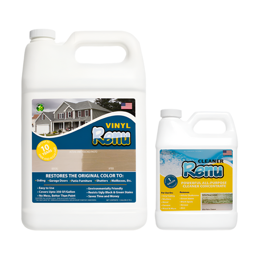 Two bottles of Renu products: a large Vinyl Renu for restoring color and a small Cleaner Renu for powerful all-purpose cleaning.