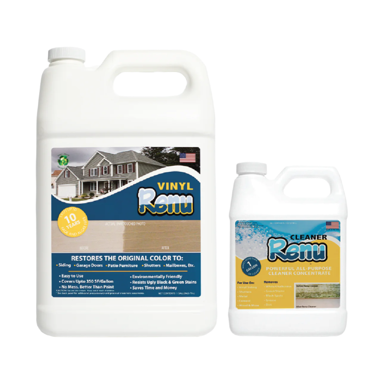 Two Renu cleaning products: a large bottle labeled "Vinyl Renu" for restoring outdoor surfaces, and a smaller "Cleaner Renu" for all-purpose cleaning.