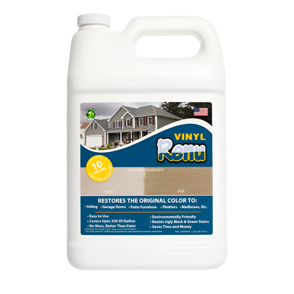 A one-gallon container of Vinyl Renu with a before-and-after image, promoting restoration of color for vinyl surfaces.