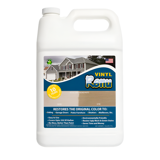 A one-gallon container of Vinyl Renu with a before-and-after image, promoting restoration of color for vinyl surfaces.