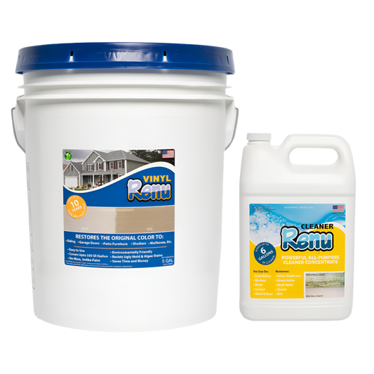 A 5-gallon bucket of Vinyl Renu and a gallon of all-purpose cleaner, both designed to restore and clean vinyl surfaces.