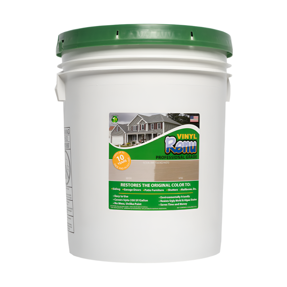 White bucket of Vinyl Renu professional-grade product, restores color to vinyl surfaces, features restoration benefits and usage instructions.