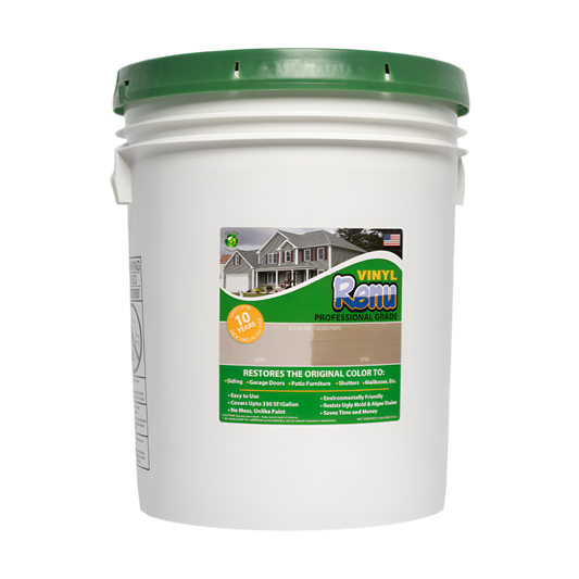 White bucket of Vinyl Renu professional-grade product, restores color to vinyl surfaces, features restoration benefits and usage instructions.
