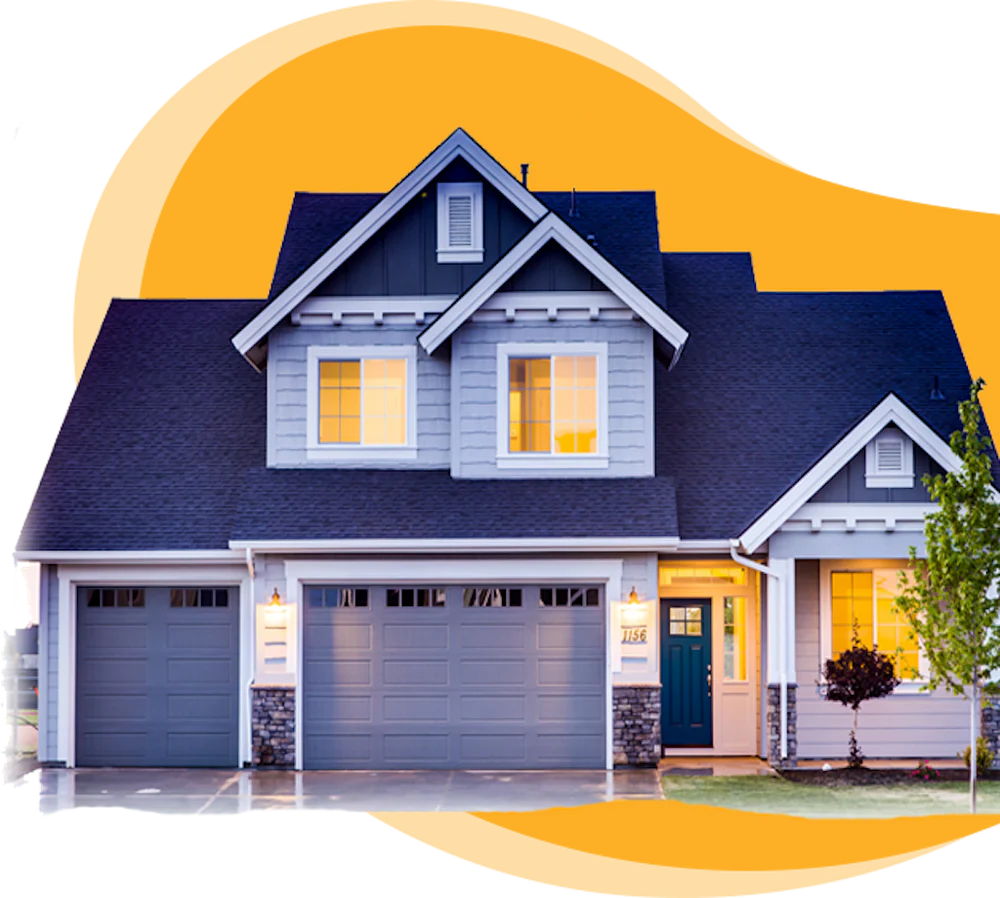 A modern two-story house with a blue front door, lit windows, and two garage doors, set against a bright yellow background.
