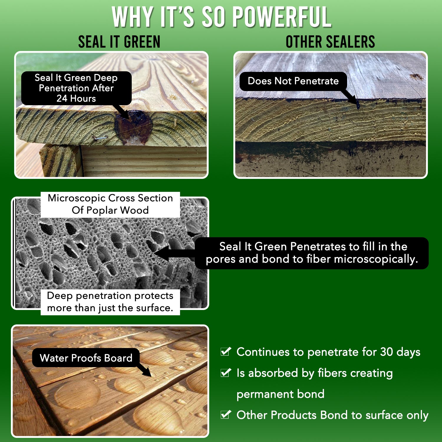 Infographic comparing "Seal It Green" to other sealers, highlighting its deep penetration and protective qualities for wood.