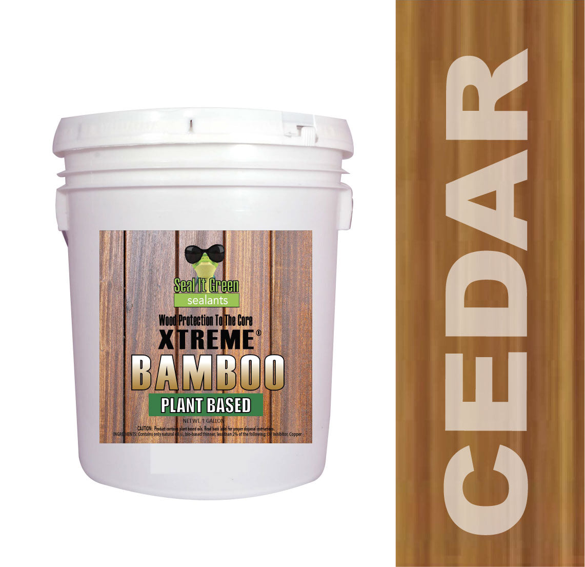White bucket labeled "XTREME Bamboo Plant Based Sealant" next to a wood grain background promoting "Cedar."