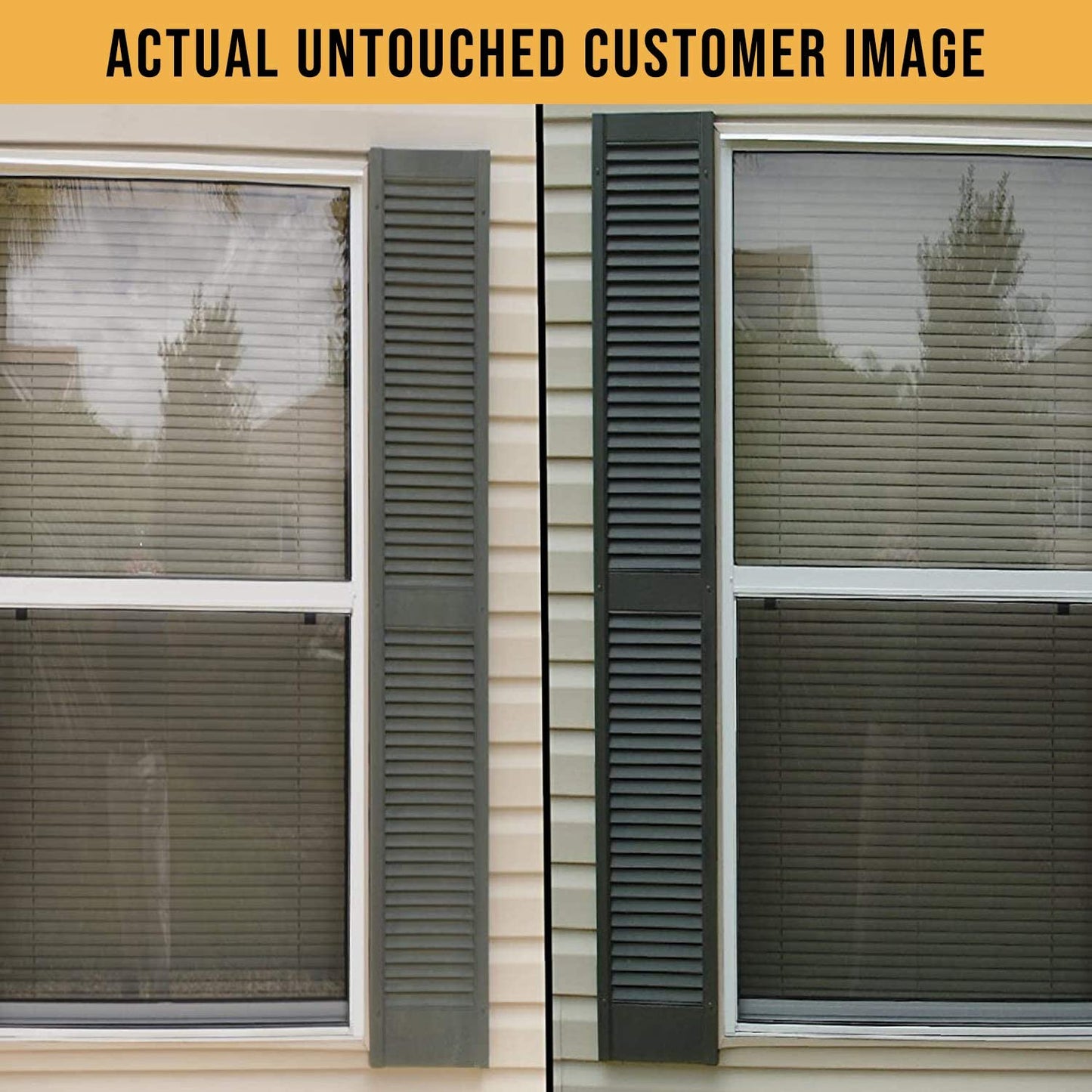 Comparison of two window sides: left shows faded, dull shutters; right displays refreshed, vibrant shutters, highlighting potential transformation.
