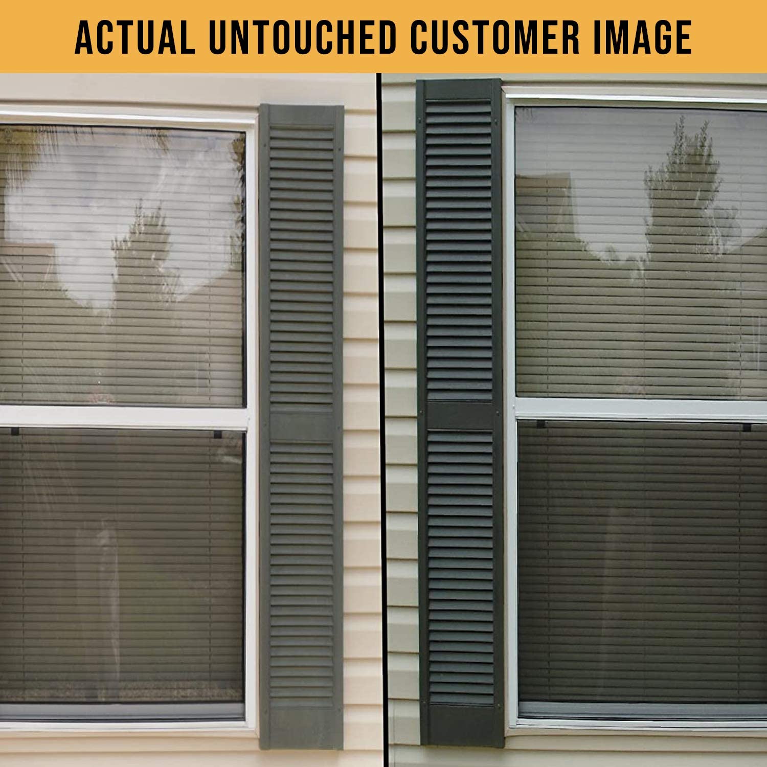Comparison of two window sides: left shows faded, dull shutters; right displays refreshed, vibrant shutters, highlighting potential transformation.