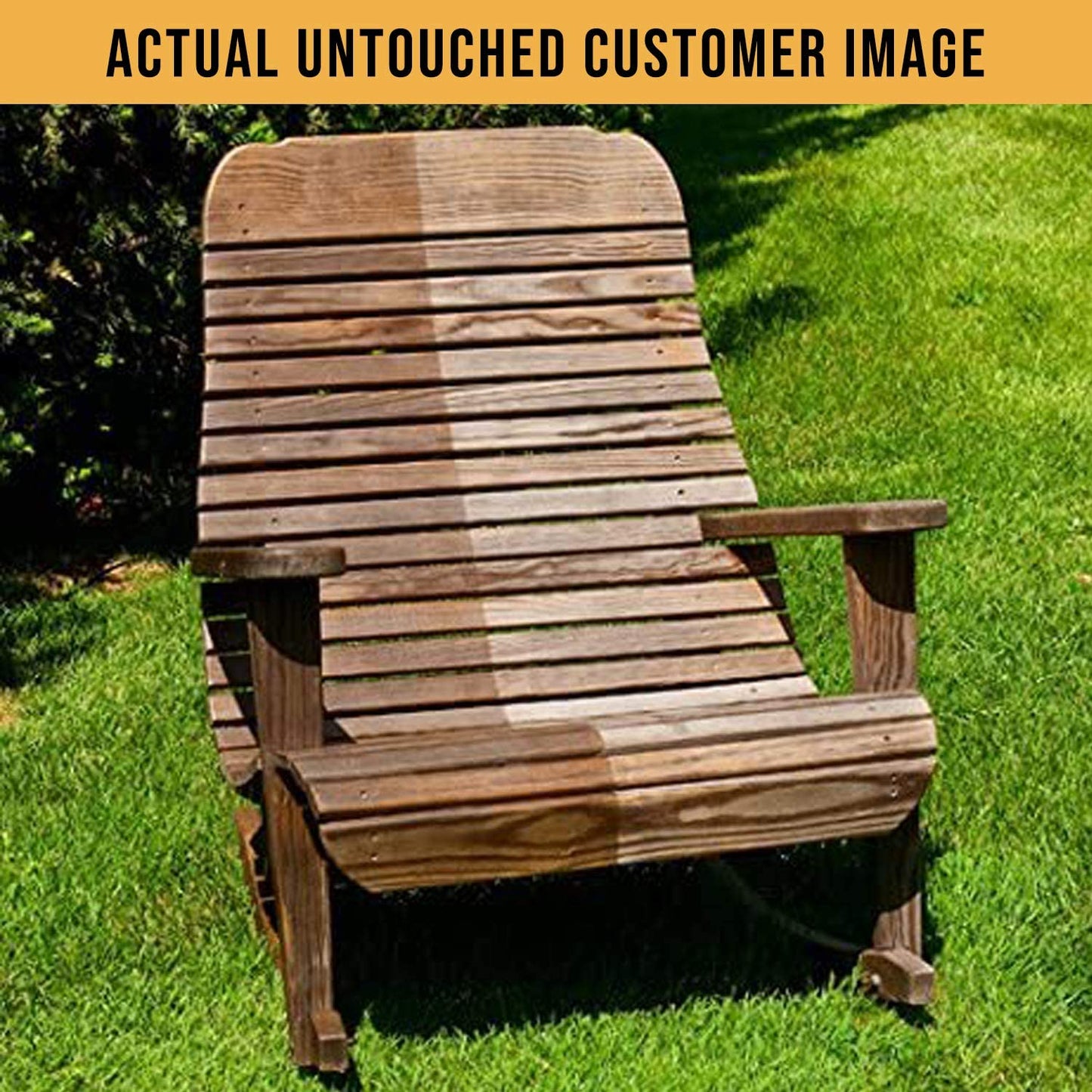 A wooden lawn chair on green grass, showcasing a split view: one side weathered and dull, the other freshly cleaned and vibrant.