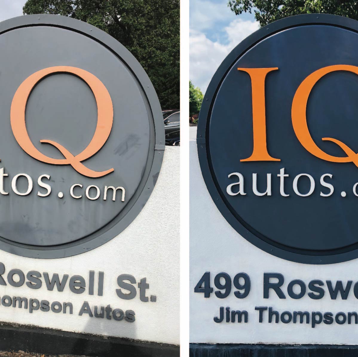 A prominent sign for IQ Autos features the logo and address, "499 Roswell St. Jim Thompson Autos," against a clear sky backdrop.