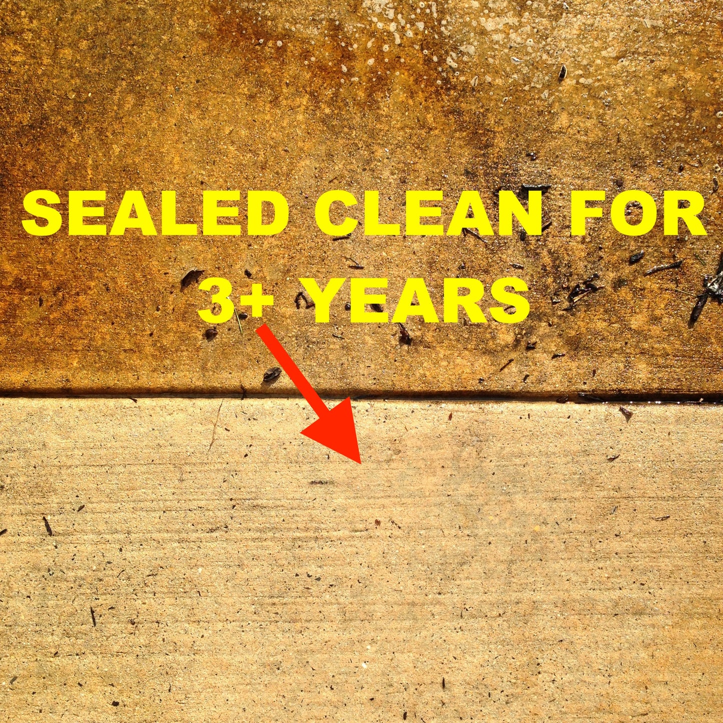 Close-up of a sealed concrete surface, labeled "SEALD CLEAN FOR 3+ YEARS," showing a clean area contrasting with dirt above.