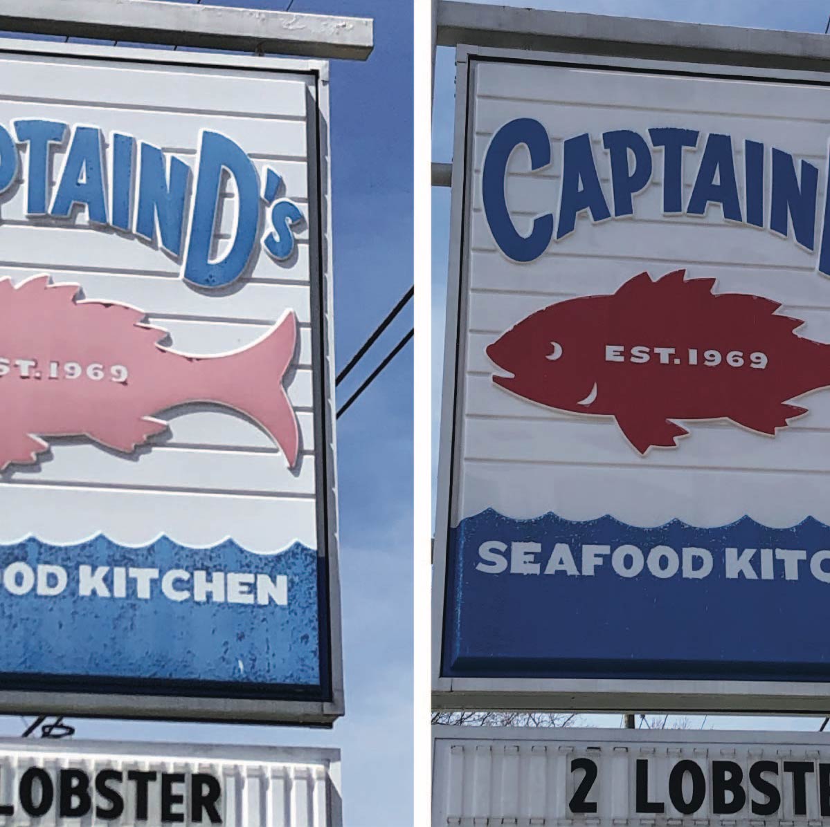 Two signs for "Captain's Seafood Kitchen," featuring bright colors, fish graphics, and "EST. 1969" prominently displayed.