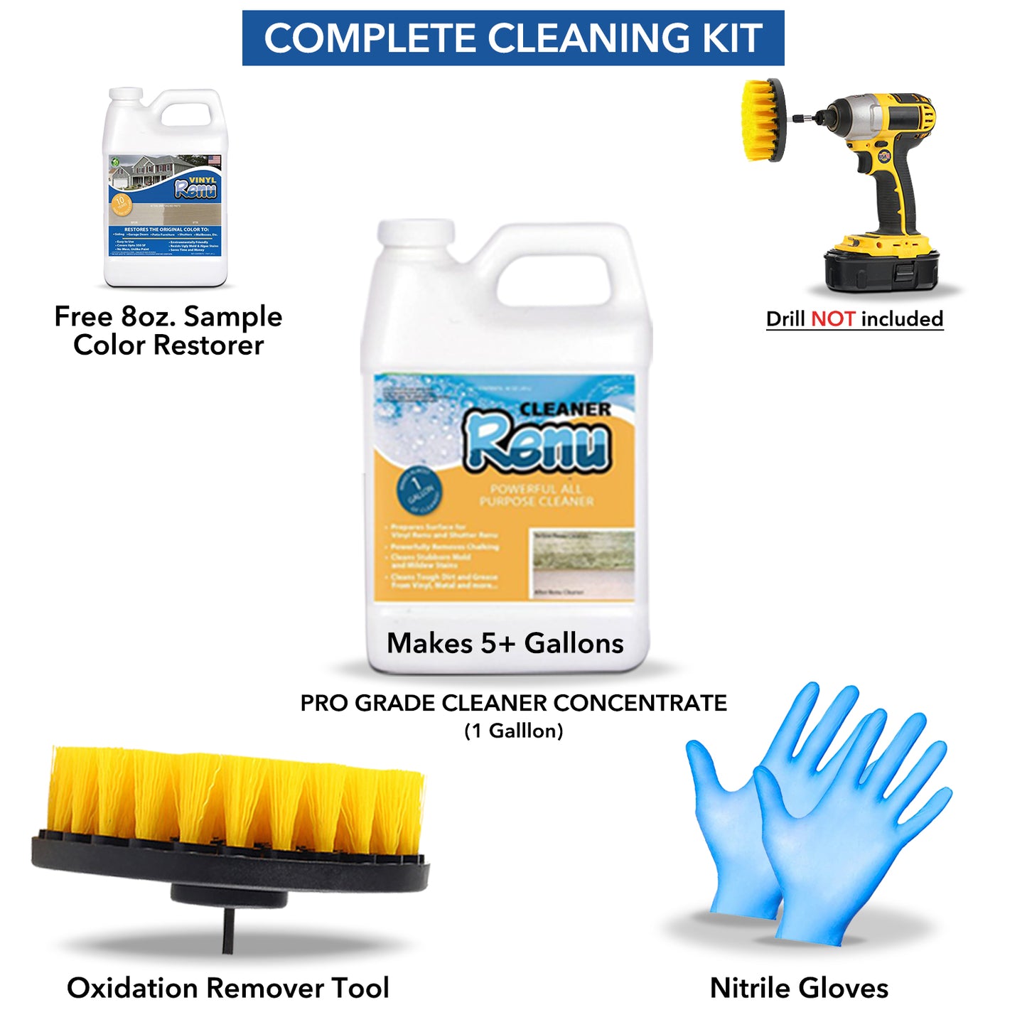 Image of a complete cleaning kit featuring a gallon of Renu cleaner, oxidation remover tool, sample color restorer, and nitrile gloves.