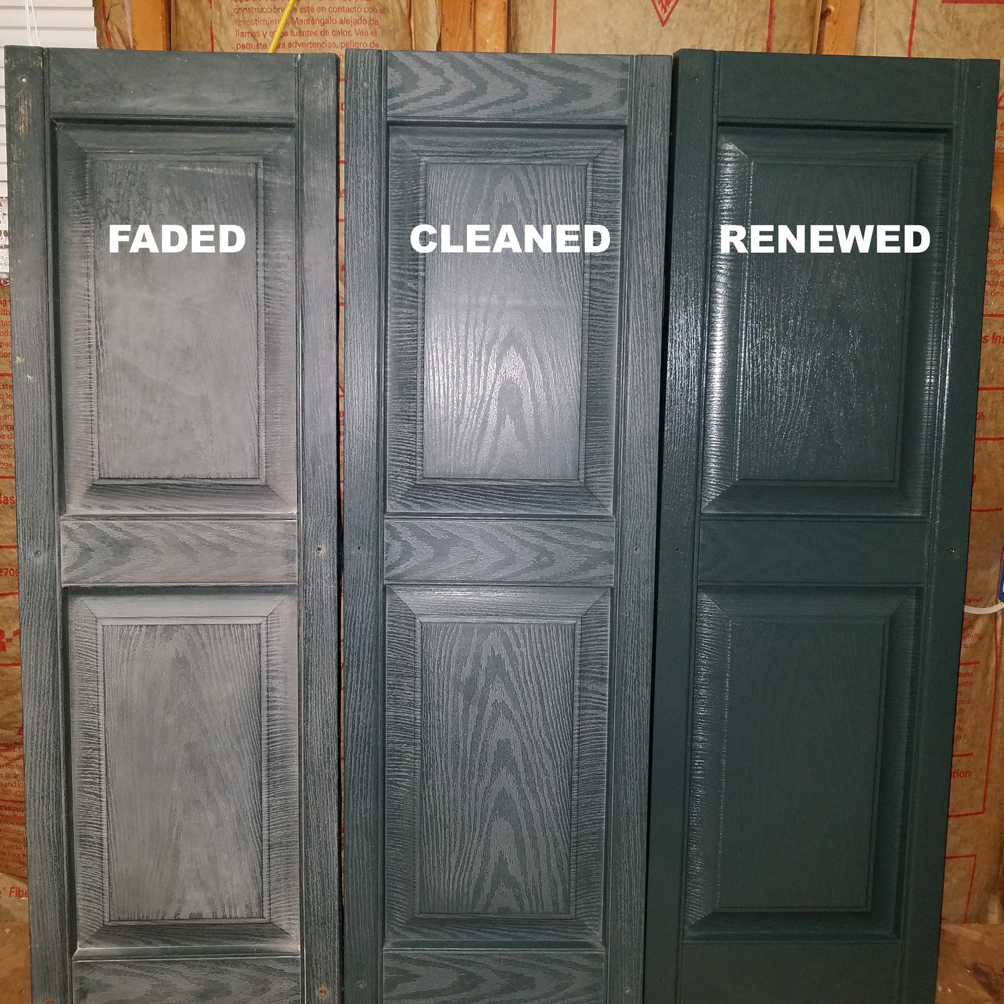 Three wooden doors side by side, labeled 'Faded,' 'Cleaned,' and 'Renewed,' showcasing cleaning and restoration progress.