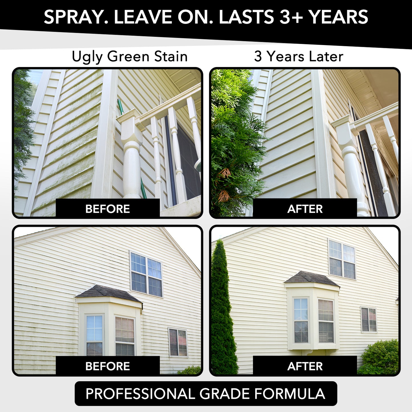 Before-and-after images showcasing the removal of green stains from a house exterior using a professional grade formula.